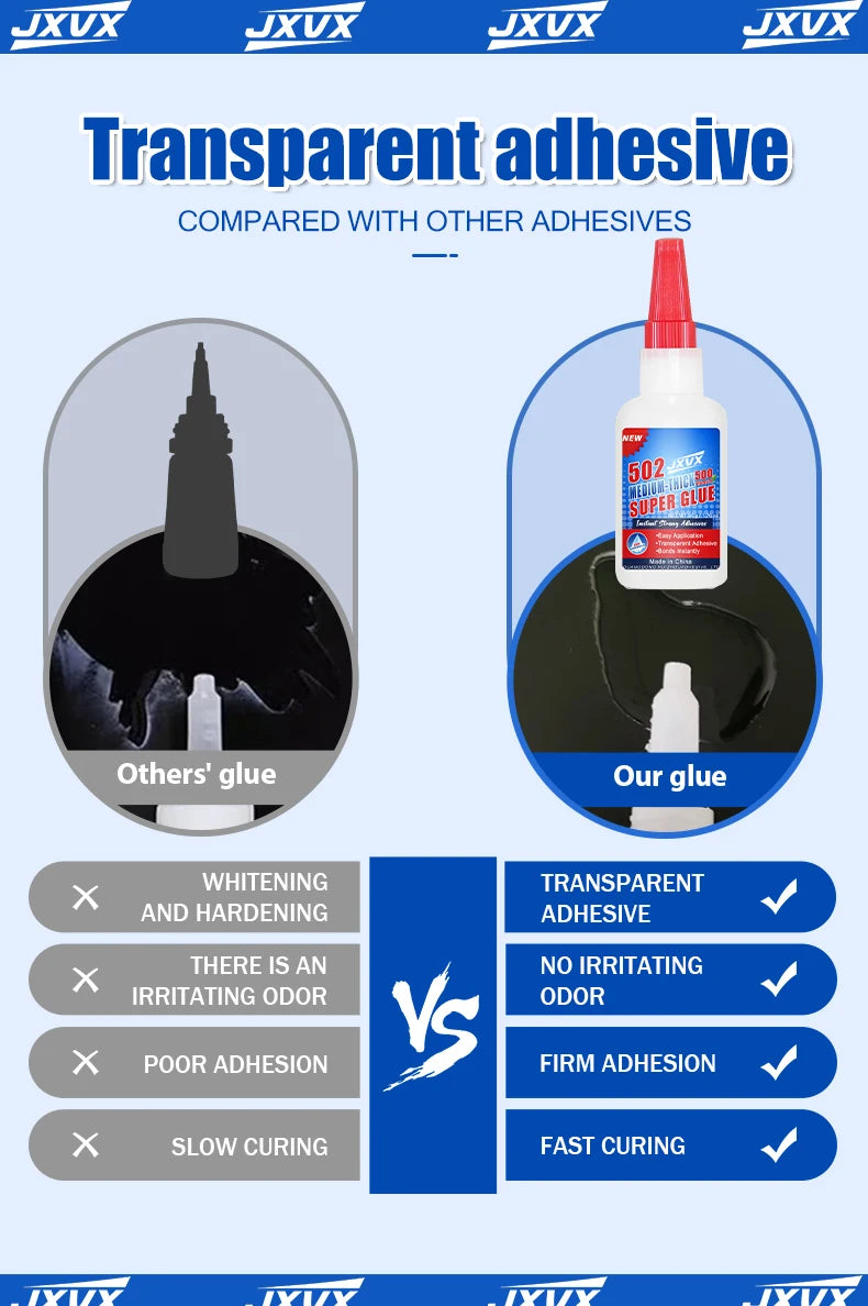 Comparison chart showing transparent adhesive versus other glues, highlighting features like no irritating odor and fast curi