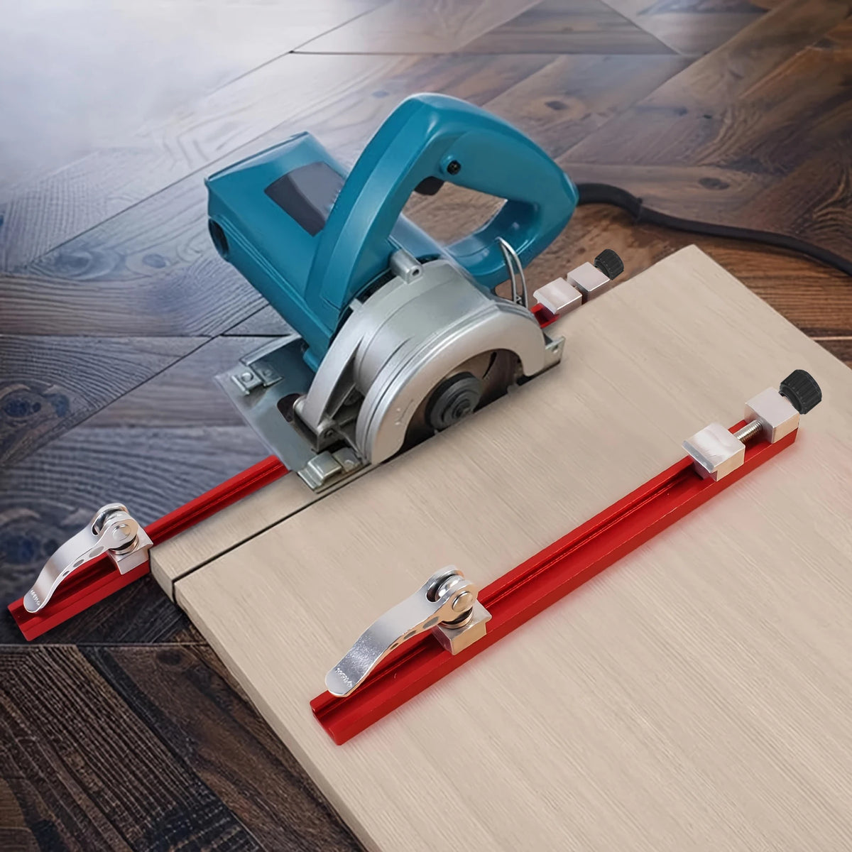 A blue precision adjustable circular saw guide rail mounted on a light wood surface.