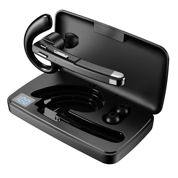 Estuche de auriculares inalámbricos negros con Bluetooth abierto, mostrando el compartimento de carga y almacenamiento.
