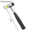 A rubber hammer tool with a metal handle and yellow head, shown in a profile view.