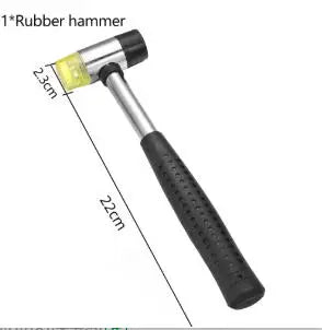 A rubber hammer tool with a metal handle and yellow head, shown in a profile view.