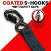 Coated S-hooks with safety clips attached to a black strap for cargo securing.