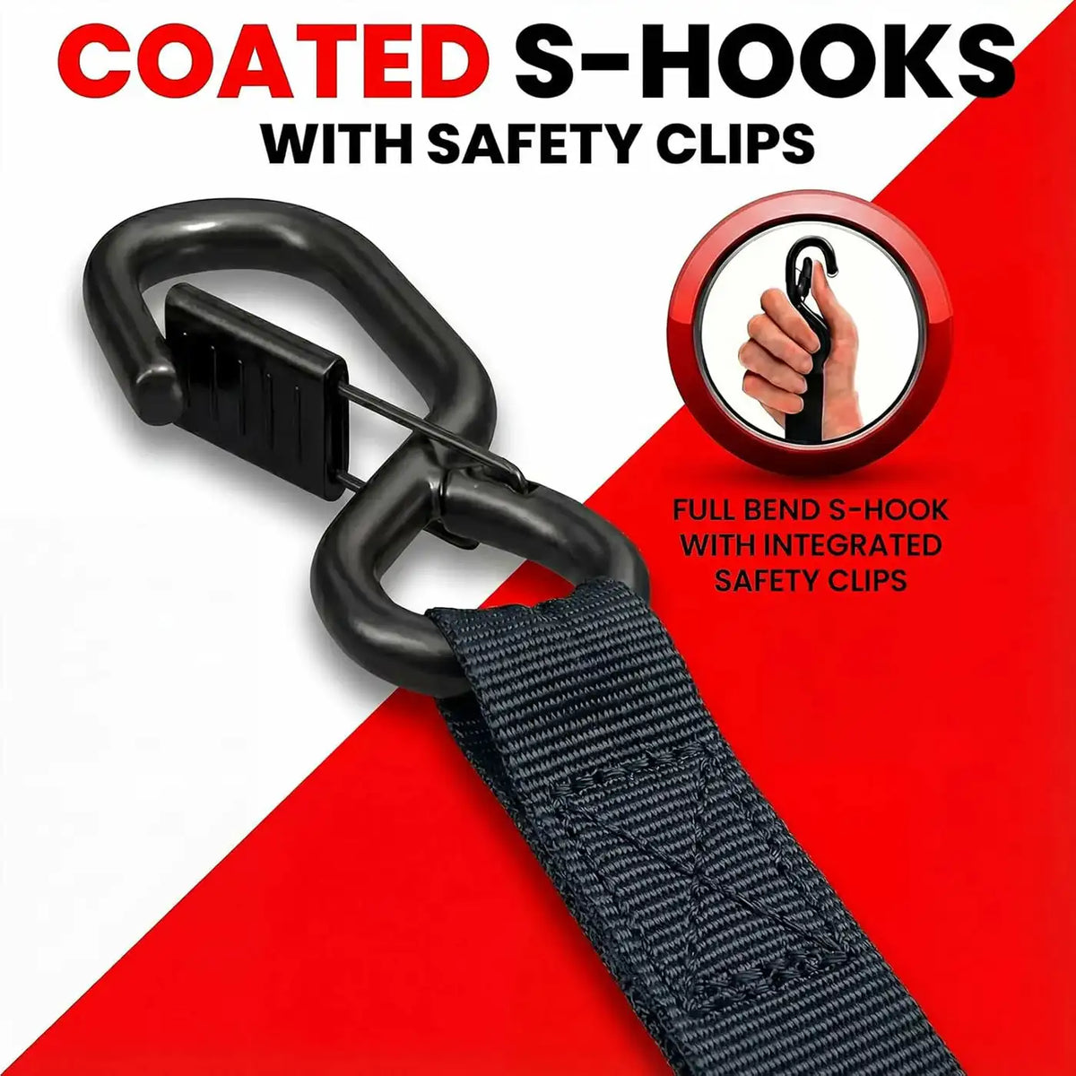 Coated S-hooks with safety clips attached to a black strap for cargo securing.