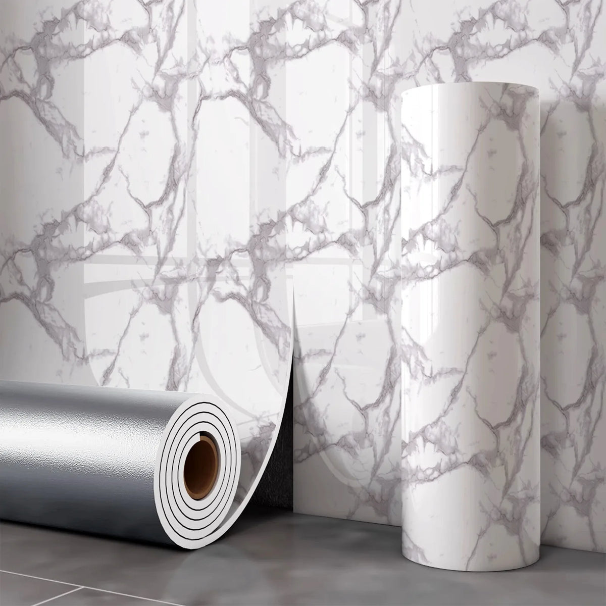 Rolls of marble wall decals featuring gray veining displayed against a white background.
