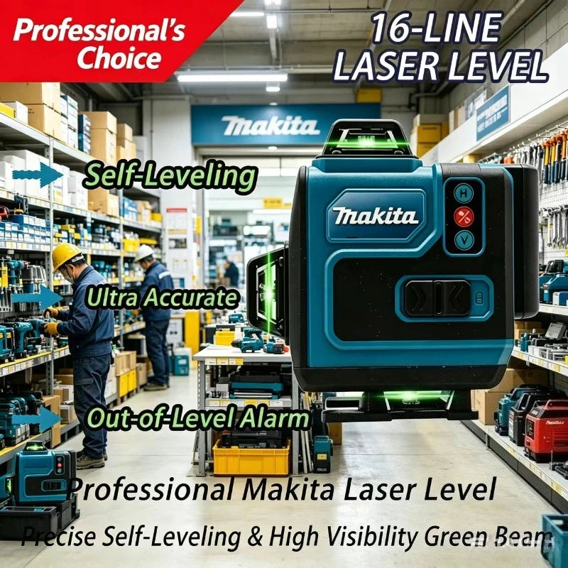 Makita 16-line professional laser level with self-leveling and out-of-level alarm used in a warehouse setting.