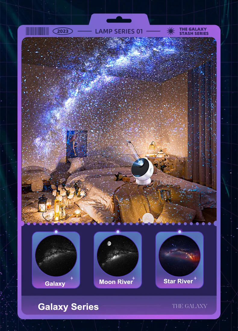 A product packaging featuring a photo of a lamp series display and options for Galaxy, Moon River, and Star River scenes.