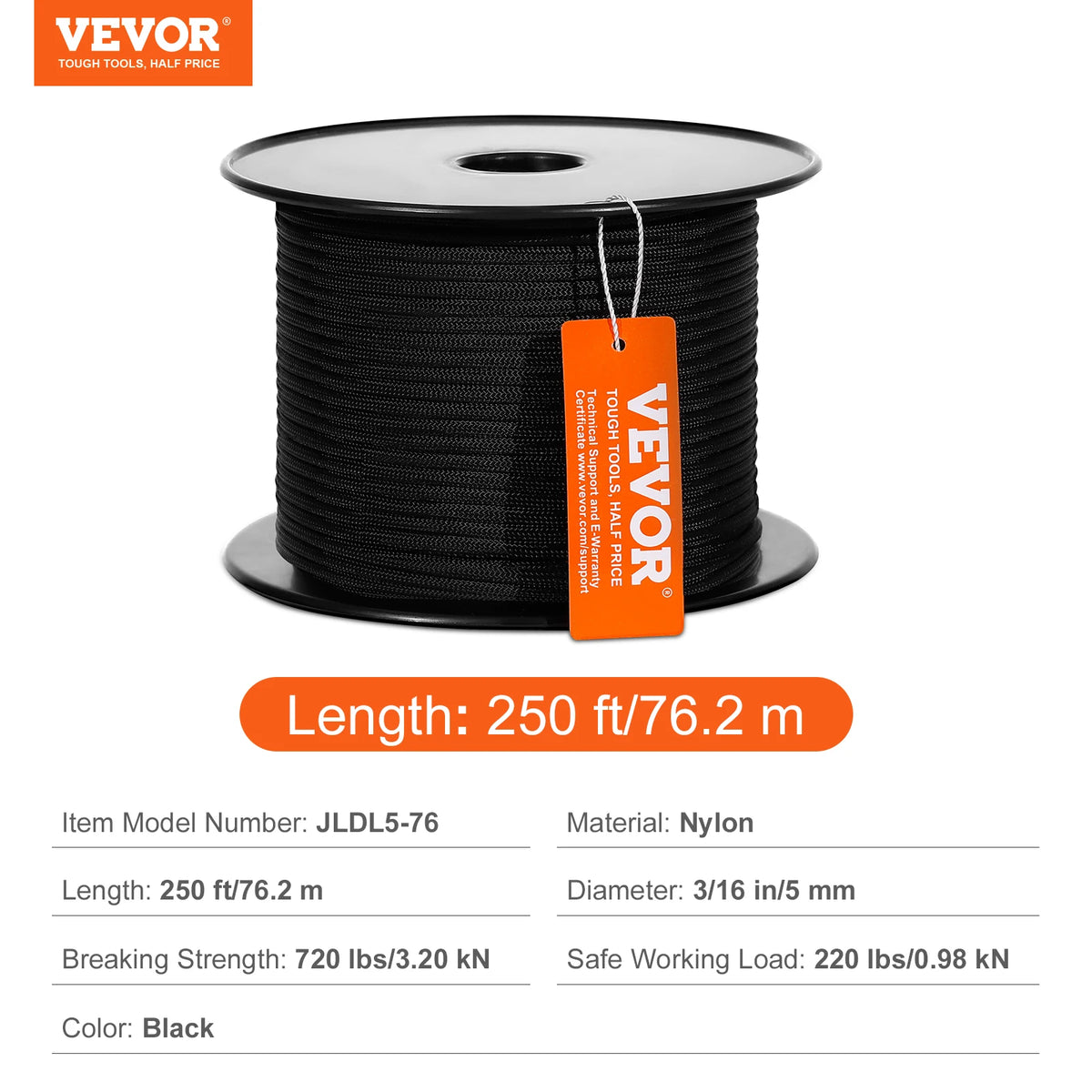 Cuerda de escalada de nylon negra con carrete, mide 250 pies y tiene un diámetro de 3/16 de pulgada