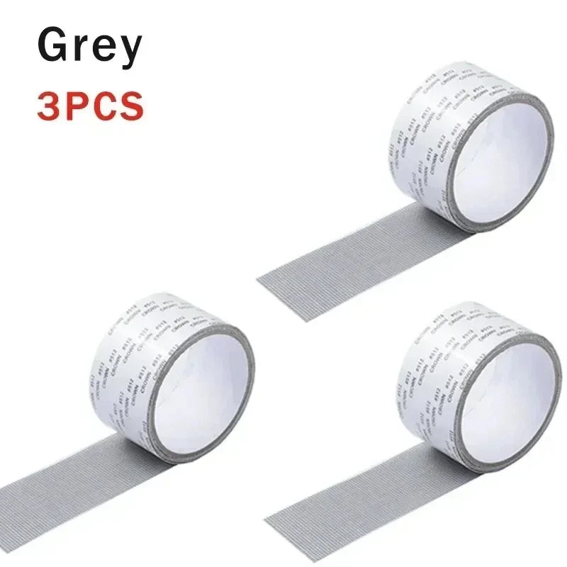 Three rolls of grey self-adhesive repair tape for window screens shown in various angles.