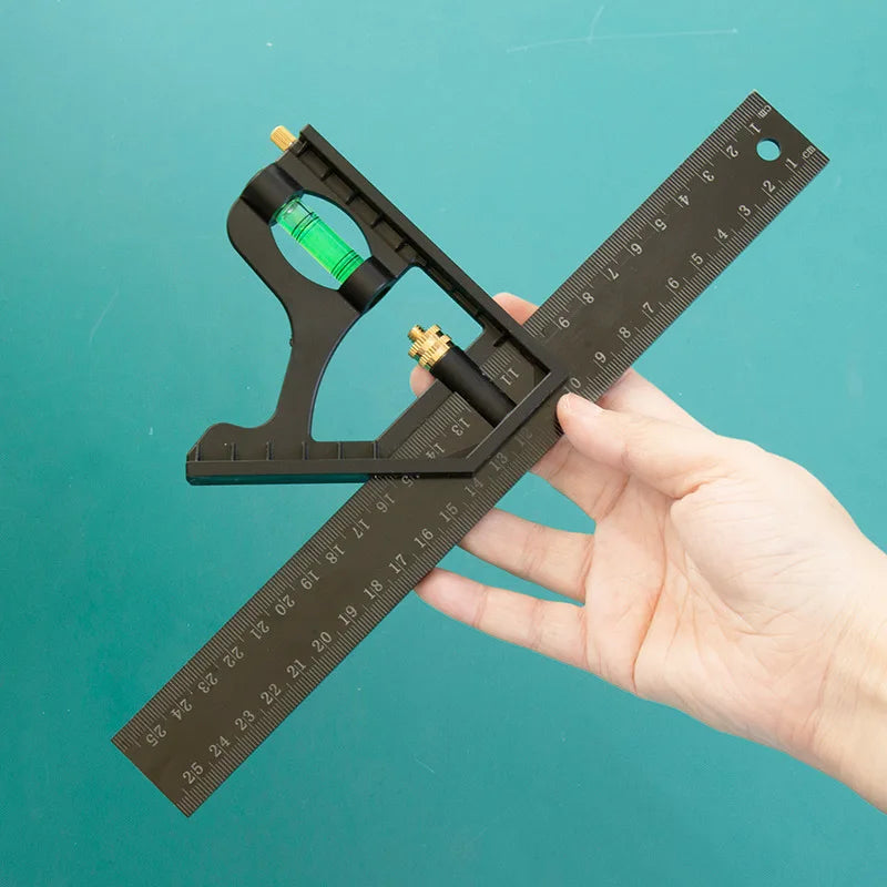 A hand holds a black precision measuring tool set with a transparent green liquid inside the clamp and a metal ruler.