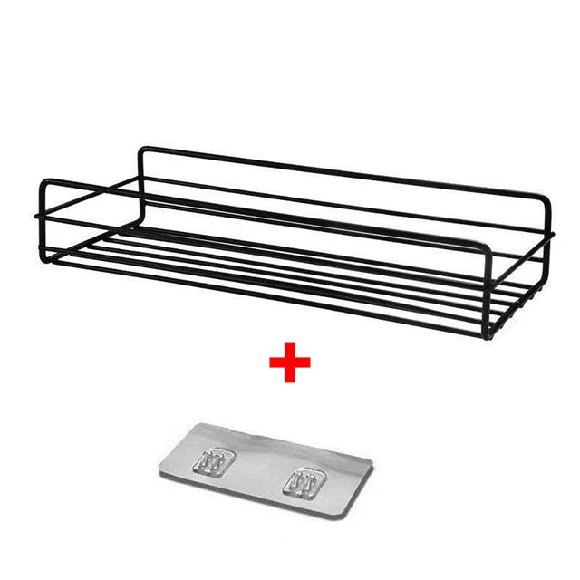 Estantes de baño metálicos de pared negros con un signo de más indicando un accesorio.
