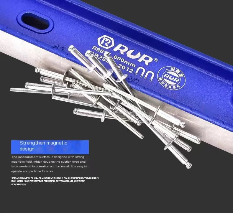 A close-up view of a blue precision aluminum bubble level and angle ruler with multiple measuring pins.