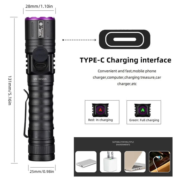 Schwarze UV-Taschenlampe mit Type-C-Ladeanschluss und verschiedenen Zubehöroptionen.