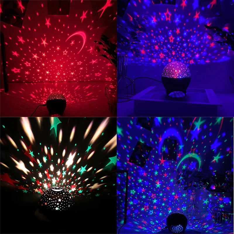 Galaxy projection night light illuminating a room with vibrant red and blue star patterns
