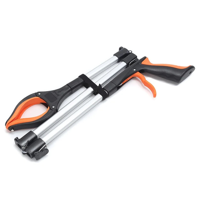 An extra long foldable reaching grabber tool with black and orange handles and silver metal arms.