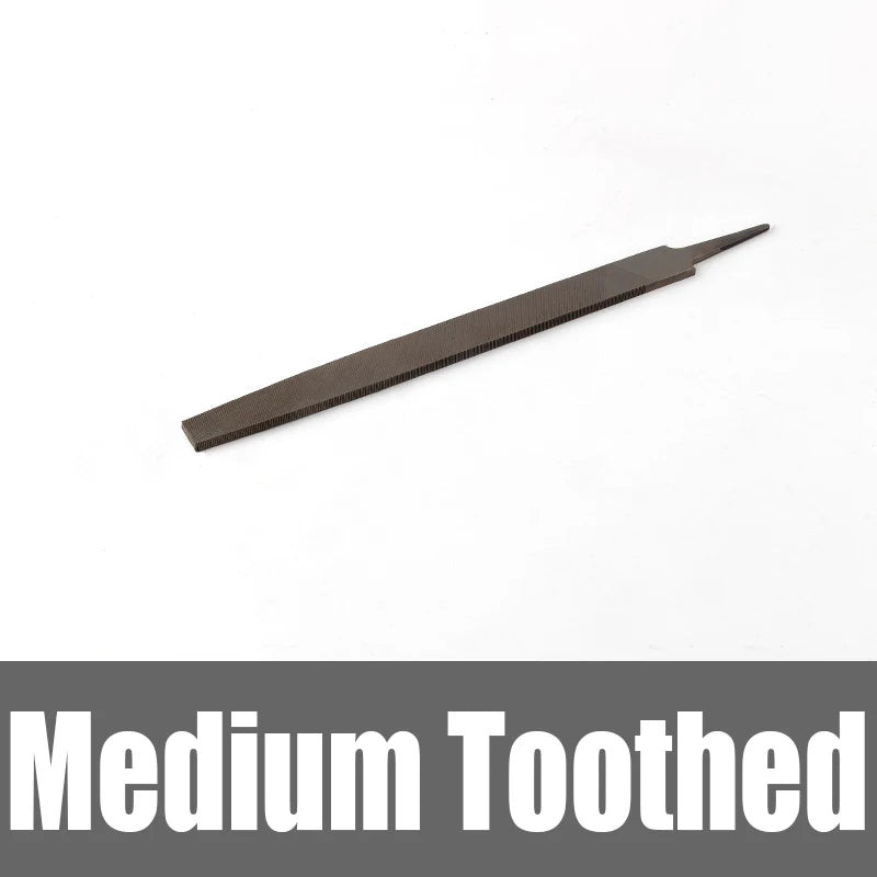 A dark gray flat file with a pointed tip, labeled as medium toothed.
