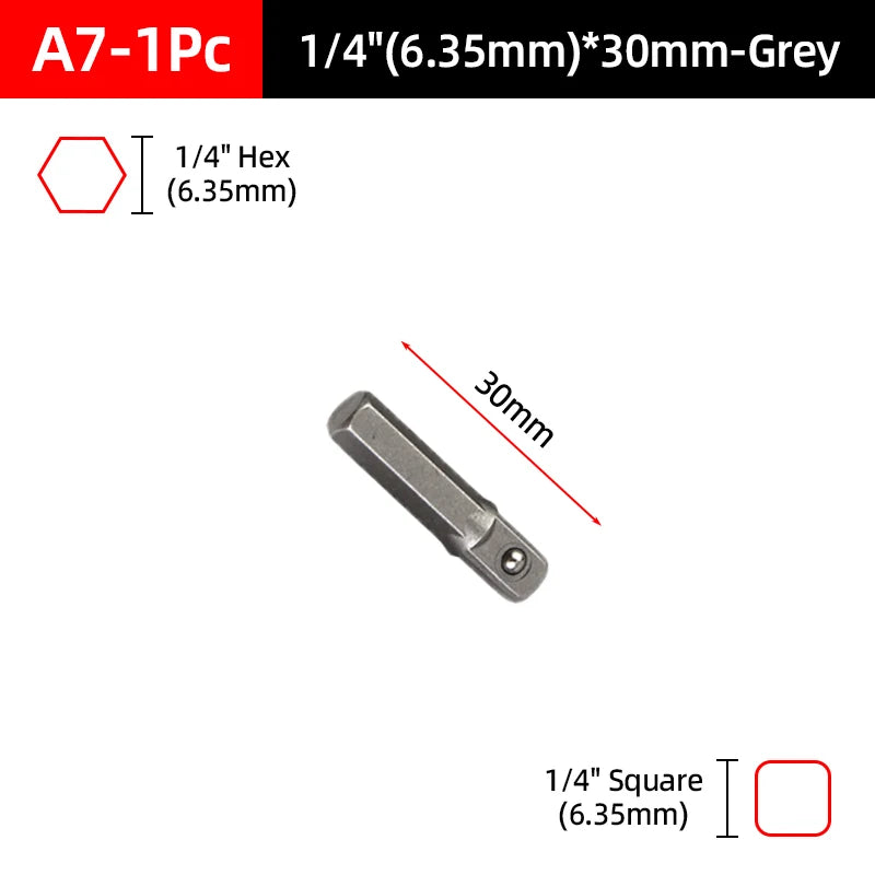 A set of 1/4 inch hex and square socket adapters in grey for power tools.
