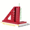 A red precision aluminum square protractor used for woodworking measurements.