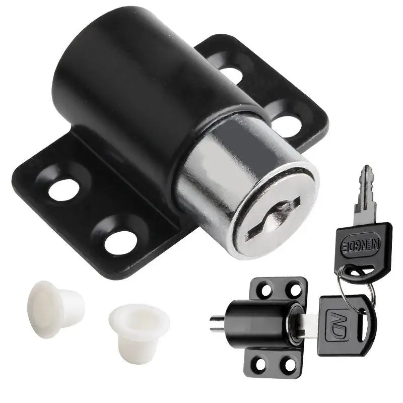 A set of black and silver sliding door window locks for child safety, including a main lock and a separate latch.