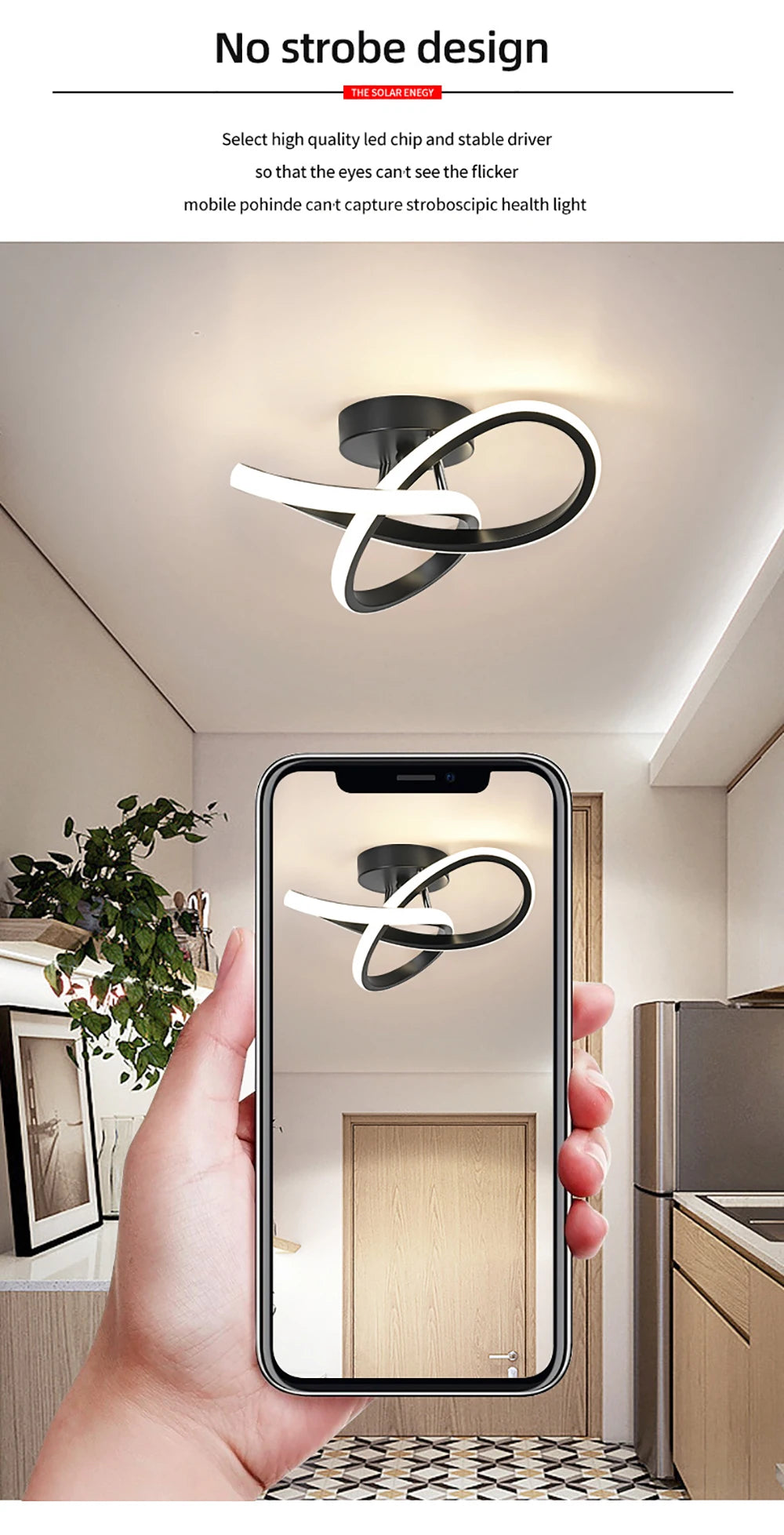 A hand holds a smartphone displaying a modern LED ceiling light fixture with an abstract design.