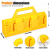Yellow portable battery storage organizer showing dimensions and features like smooth edges and buckle structure