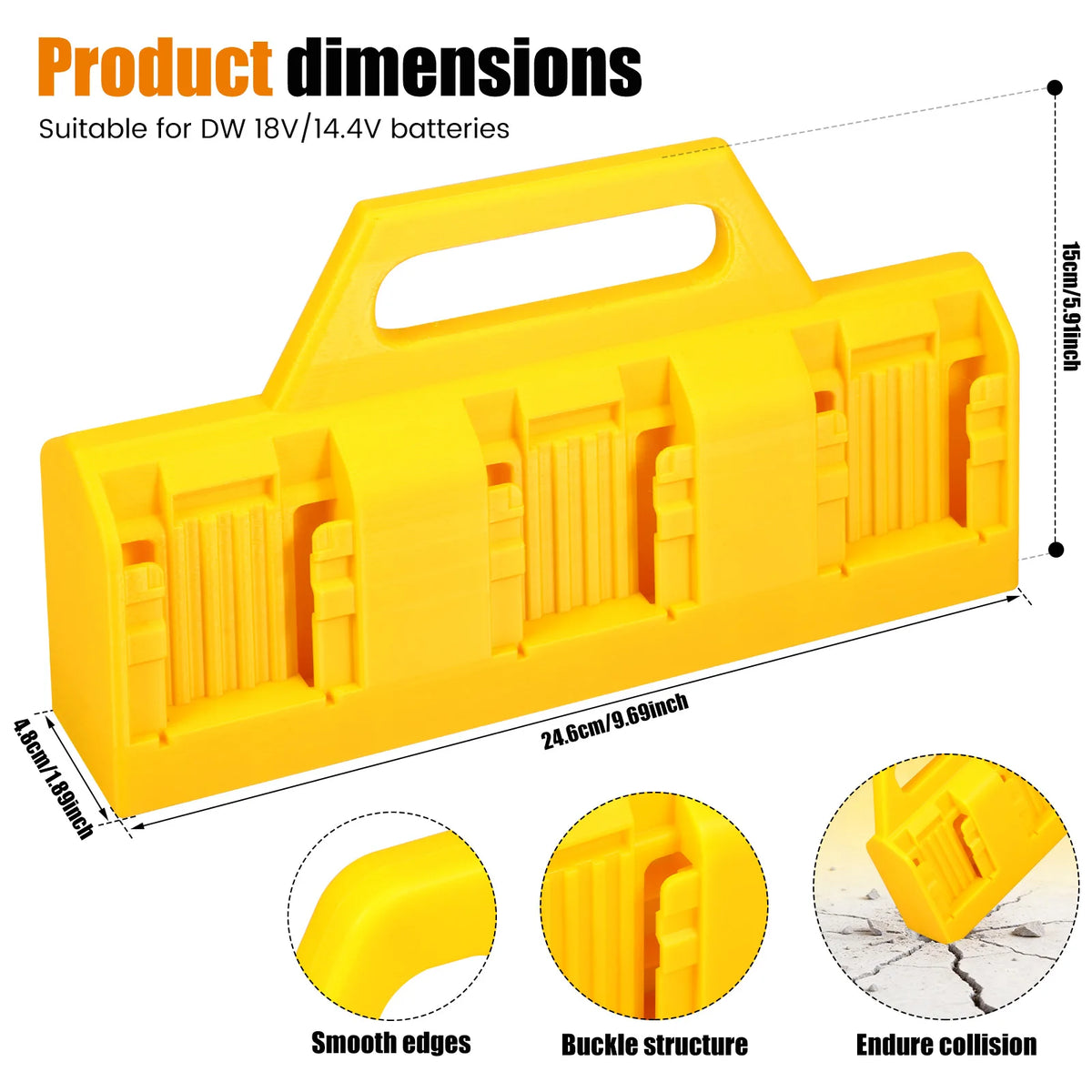Yellow portable battery storage organizer showing dimensions and features like smooth edges and buckle structure