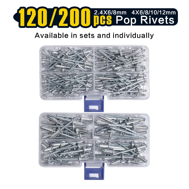 A set of 200 pop rivets in various sizes, including 2.4x6/8mm and 4x6/8/10/12mm, packaged in clear plastic trays.