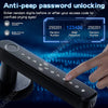 A hand is entering a random number into a smart fingerprint door lock keypad for anti-peeping password unlocking.