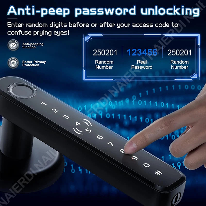 A hand is entering a random number into a smart fingerprint door lock keypad for anti-peeping password unlocking.