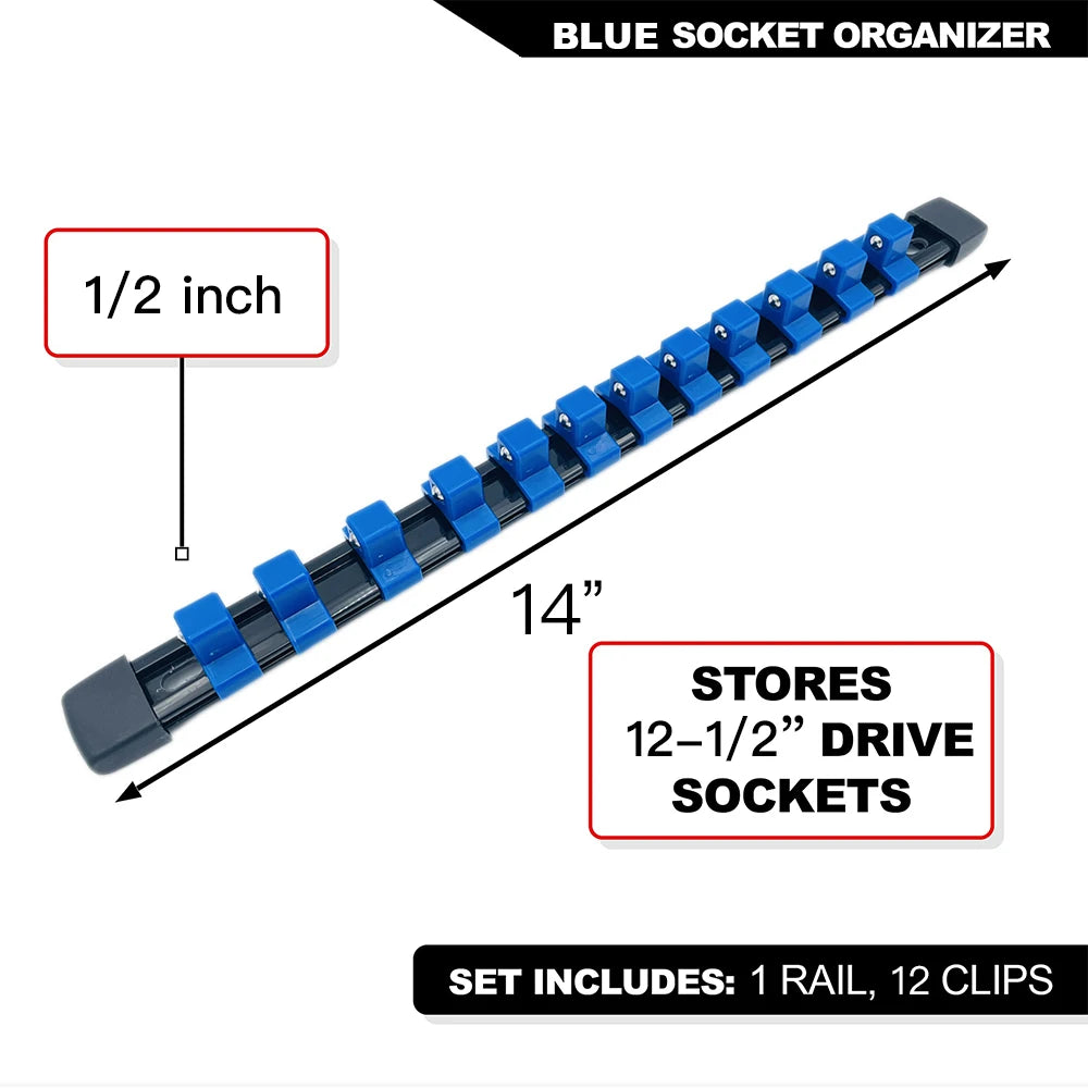 Blue socket organizer rail with 1/2 inch spacing and 12 clips for storing drive sockets