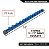 Blue socket organizer rail with 12 clips for storing 1/2 inch drive sockets
