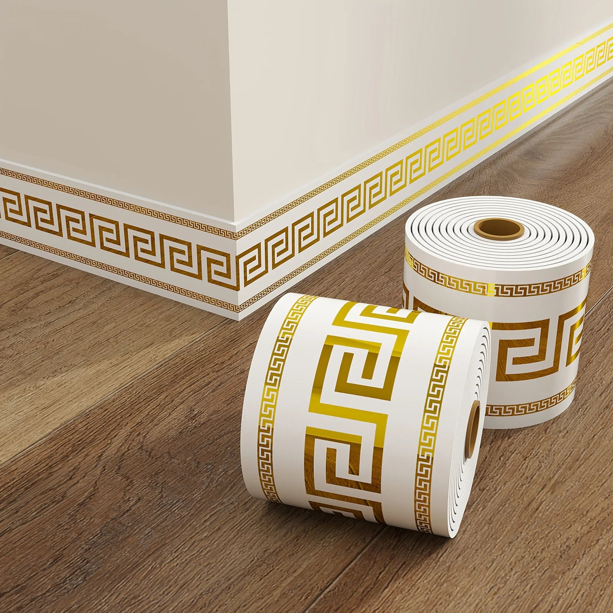 Bande décorative autocollante pour mur, motif grec doré sur fond blanc