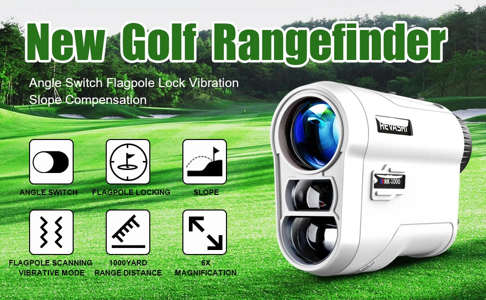 A white golf rangefinder device with an eyepiece, showing features like angle switch, flagpole locking, and slope compensatio