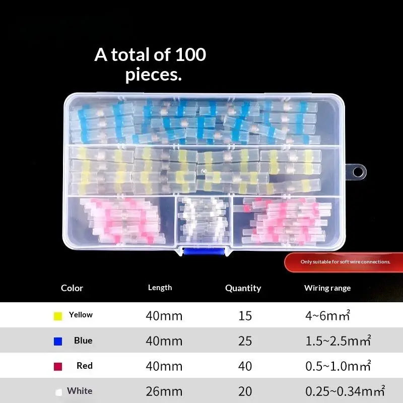 A clear plastic container holding 100 electric copper solder connectors in various colors and lengths.
