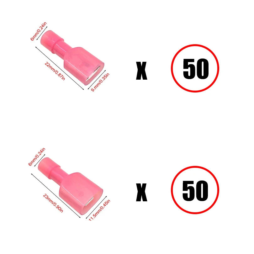 Pink insulated crimp terminals for electrical wiring shown in various sizes and quantities.