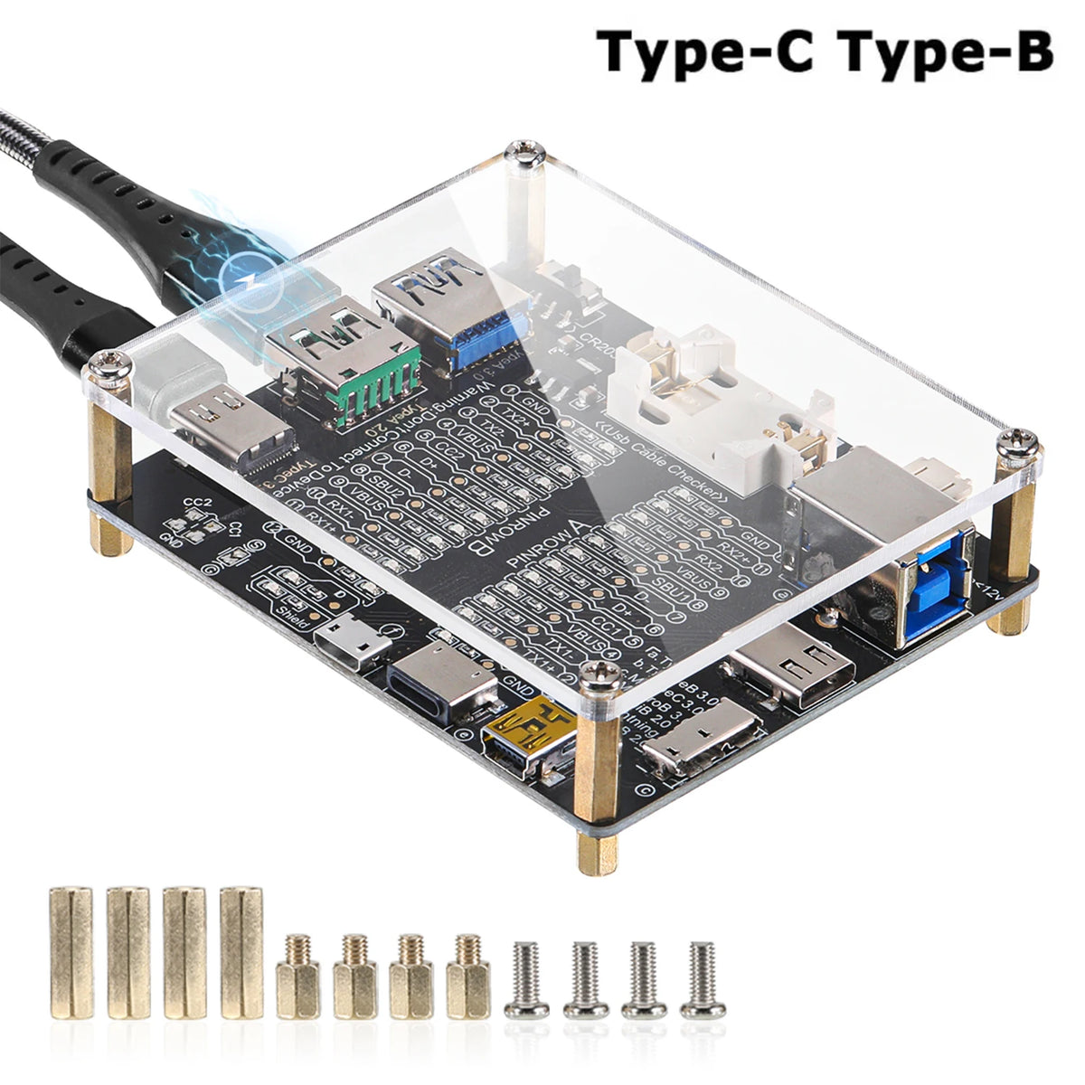A Type-C to Type-B cable tester and diagnostic tool featuring a circuit board and various connector pins.
