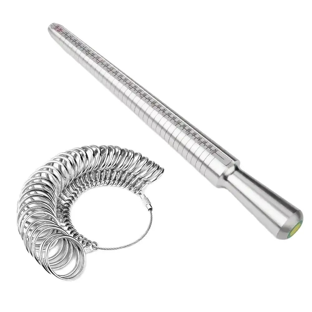 A precision metal ring sizer kit consisting of a long metal rod and a coiled ring mandrel.