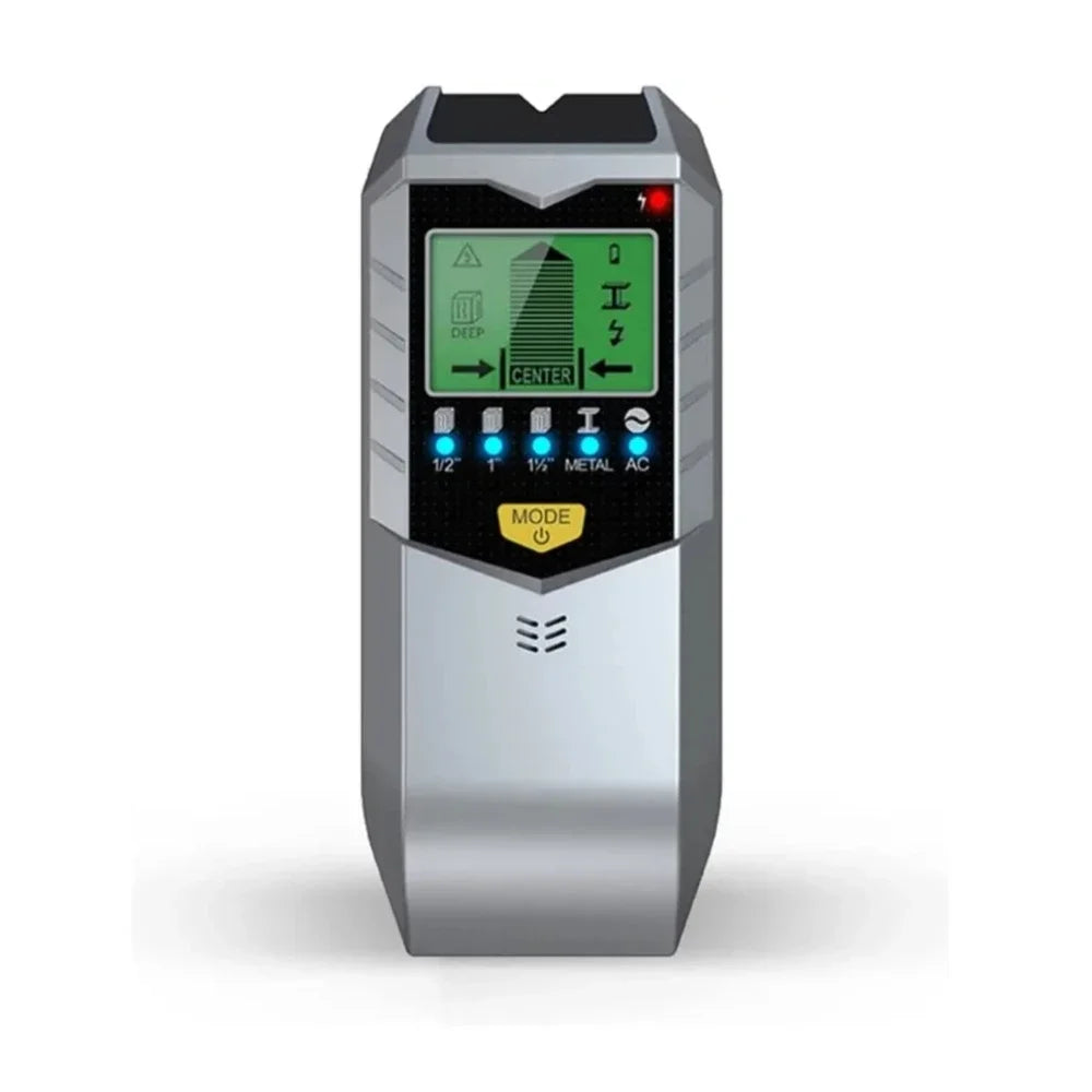 A silver multi-function wall detector device with a digital display and various settings buttons.