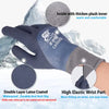 A close-up of a dark blue double layer latex coated work glove shown against a snowy background.