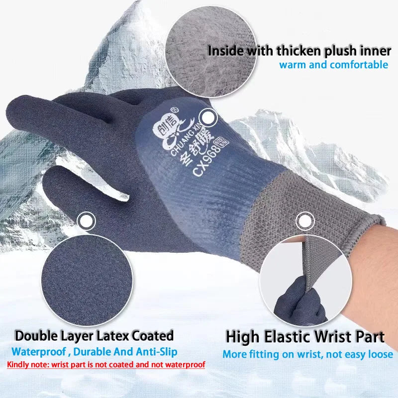 A close-up of a dark blue double layer latex coated work glove shown against a snowy background.