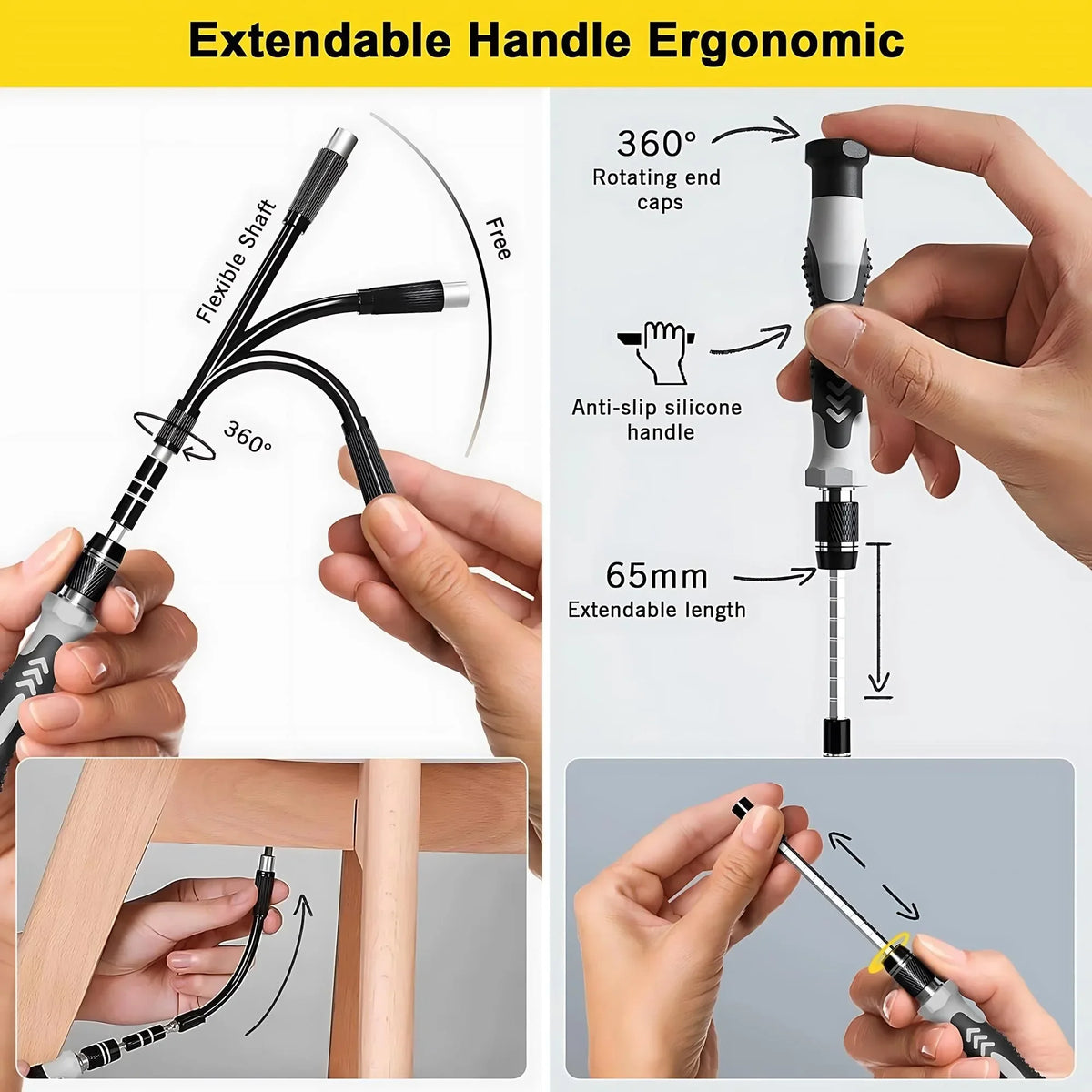Close-up of an extendable handle screwdriver with magnetic tips demonstrating its flexible shaft and length adjustment.