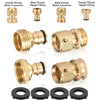 A collection of brass garden hose quick connectors including female and male thread fittings and black adapters.