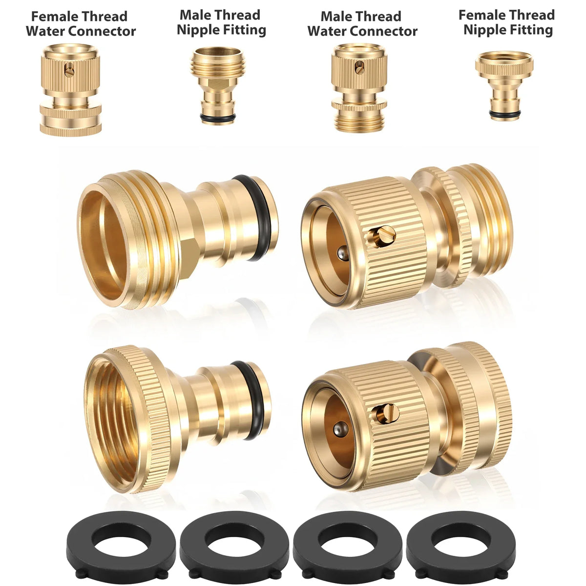 A collection of brass garden hose quick connectors including female and male thread fittings and black adapters.