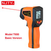 Orange NJTY T600 infrared thermometer gun displaying a temperature of 68.8 degrees.