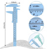 A light blue portable mini sliding vernier caliper ruler showing various measurements and scale details.