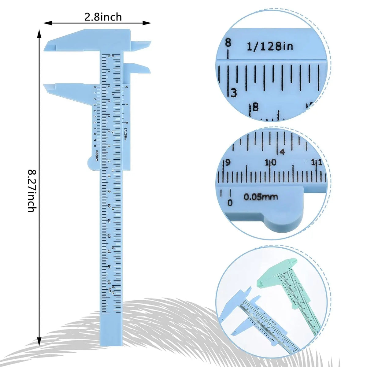 A light blue portable mini sliding vernier caliper ruler showing various measurements and scale details.