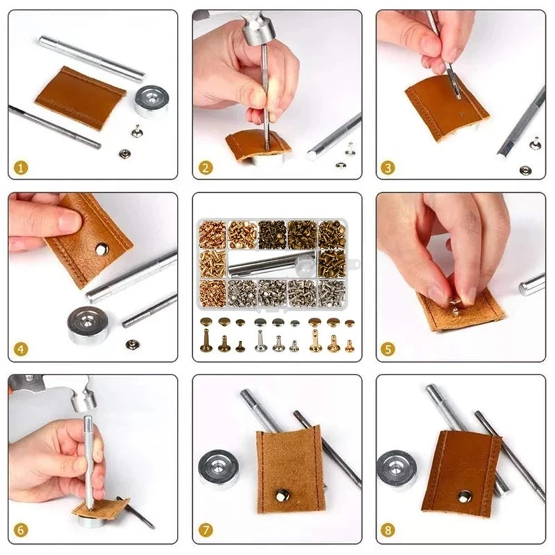 A series of eight steps demonstrating the use of precision metal rivets for leather and fabric repair.