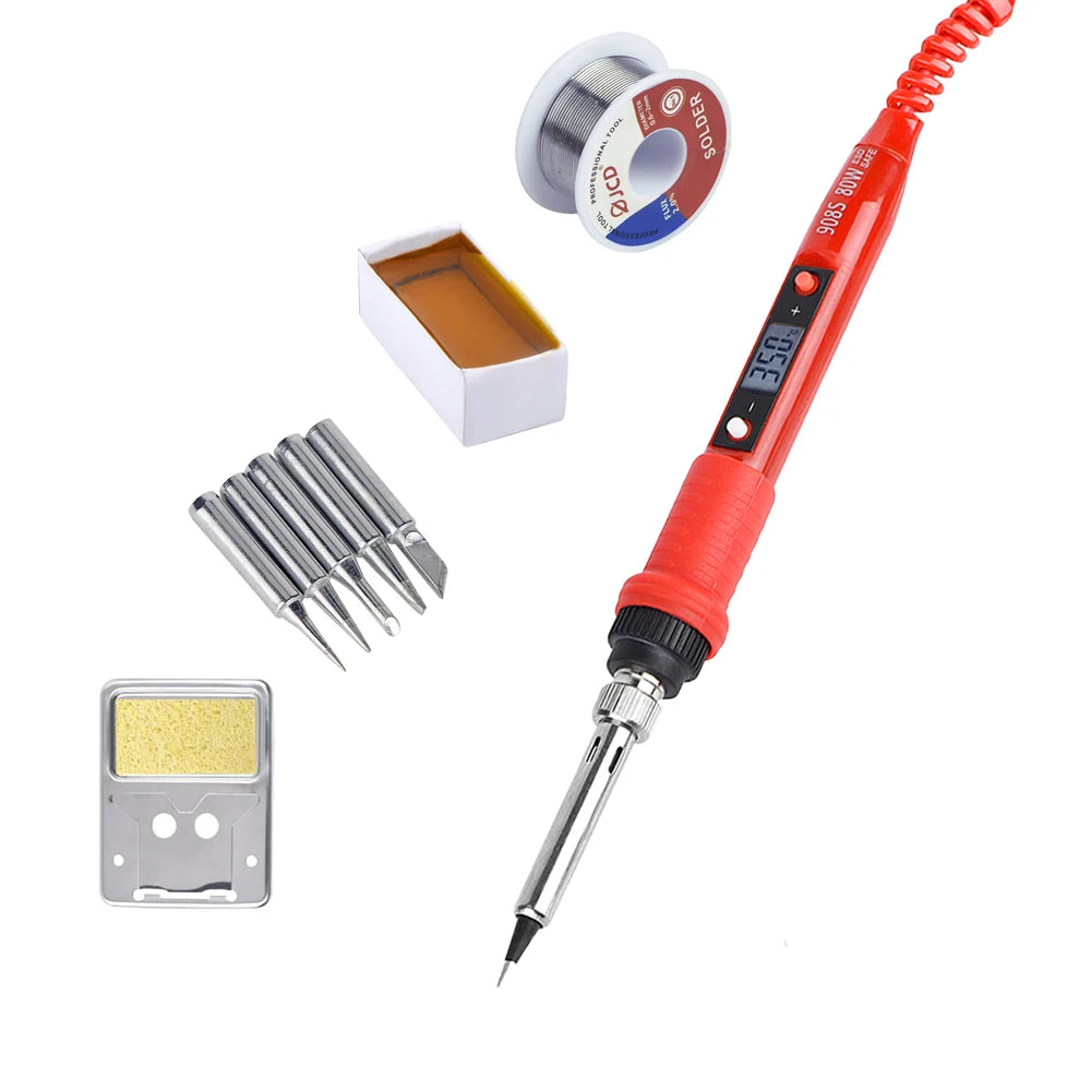 An adjustable digital soldering iron with a red handle and tip, along with tips and a solder wire spool.