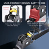 Close-up view of a heavy duty retractable ratchet strap with automatic retraction and safe design features.