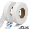 Roll of white iron-on hemming tape with a 1cm measurement mark and 25 meters per roll.