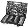 A black professional tap and die set with various threading tools and dies laid out in an open case.